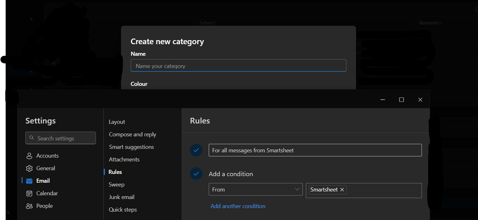 Why does the `New Category` dialog box open behind the `Rules` dialog ...