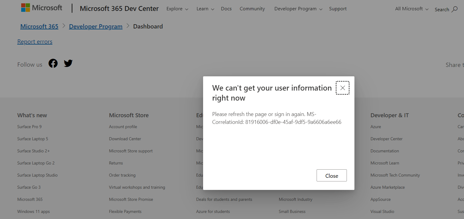 I can't login to Dashboard Microsoft 365 Dev Program - Microsoft Q&A