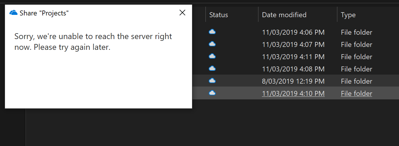 OneDrive Error - "Sorry we're unable to reach the server right now ...