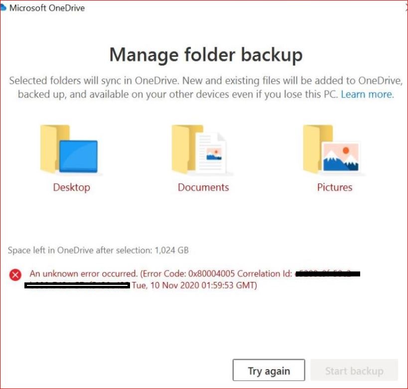 OneDrive KFM / PC Folder Backup with error 0x80004005 - Microsoft Q&A