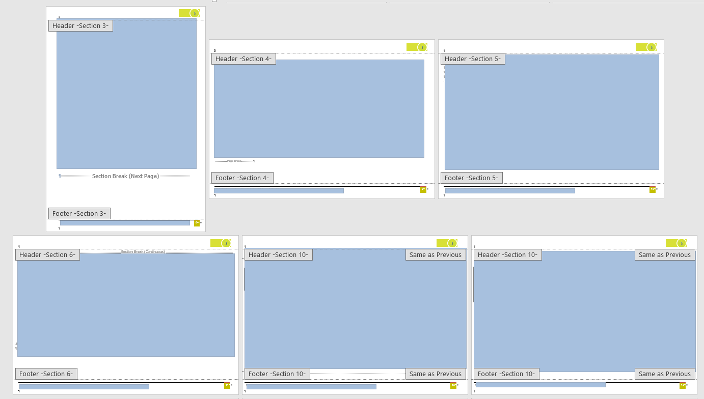 Word is starting each page with a new SECTION HEADER and FOOTER without ...