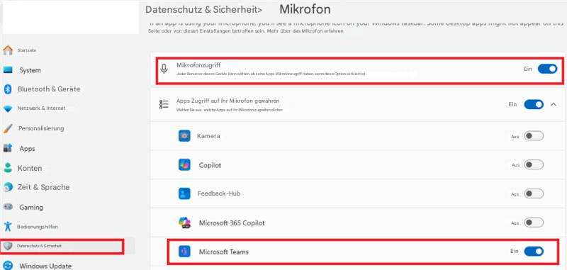 StartseiteDatenschutz & Sicherheit>MikrofonSeite oder von diesen Einstellungen betroffen sein. Mehr über das Mikrofon erfahrenSystemMikrofonzugriffJeder Benutzer dieses Geräts kann wählen, ob seine Apps Mikrofonzugriff haben, wenn diese Option aktiviert ist.EinEinAAusBluetooth & GeräteApps Zugriff auf Ihr Mikrofon gewährenNetzwerk & InternetWählen Sie aus, welche Apps auf Ihr Mikrofon zugreifen dürfenPersonalisierungKameraAppsKontenCopilotAusAusZeit & SpracheFeedback-HubGamingBedienungshilfenMicrosoft 365 CopilotAusEinDatenschutz & SicherheitMicrosoft TeamsWindows Update