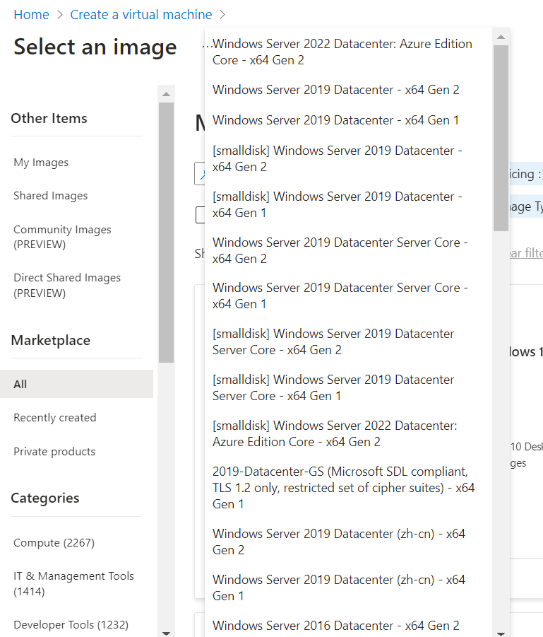 Portal issue with windows server image selection - Microsoft Q&A