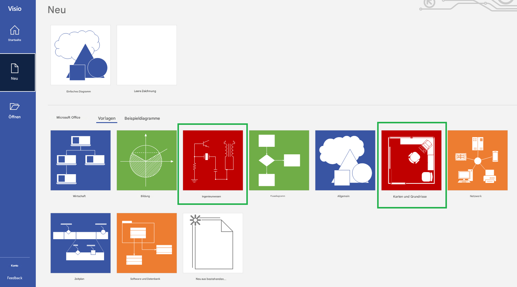 VisioNeuStartseiteNeuEinfaches DiagrammLeere ZeichnungÖffnenMicrosoft OfficeVorlagenBeispieldiagrammeWirtschaftBildungIngenieurwesenFlussdiagrammAllgemeinKarten und GrundrisseNetzwerkKontoFeedbackZeitplanSoftware und DatenbankNeu aus bestehenden...