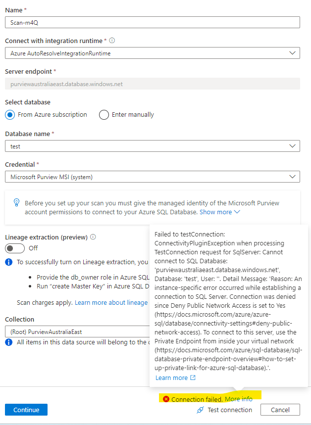 I'm unable to run test connection while creating scan. - Microsoft Q&A