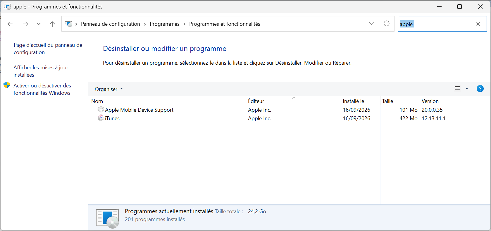 Apple dans panneau de configuration