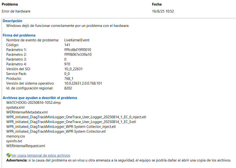 Error de Hardware - LiveKernelEvent 141 - Microsoft Q&A