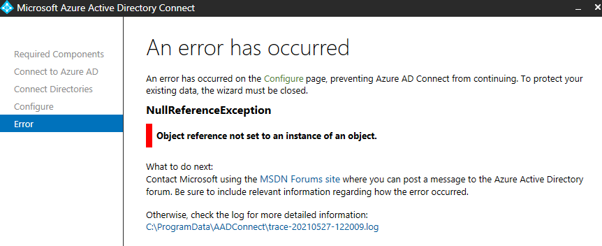 Azure AD Connect error on recovery, NullReferenceException - Microsoft Q&A