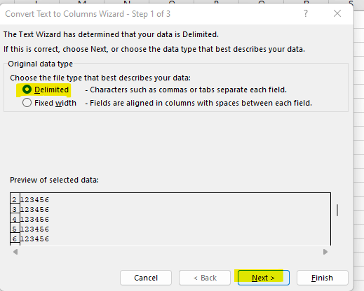 When importing data from txt to excel I need the green triangles to ...