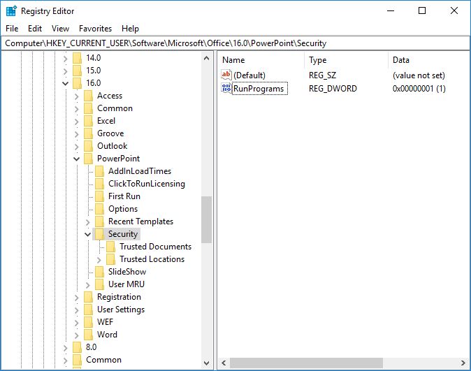How do I enable "run program" in action buttons in powerpoint 2016 ...