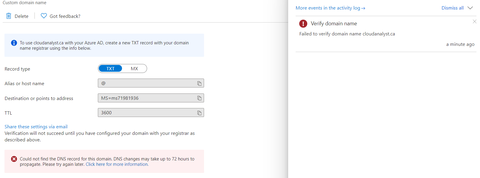 Adding custom domain to Azure AD - Microsoft Q&A