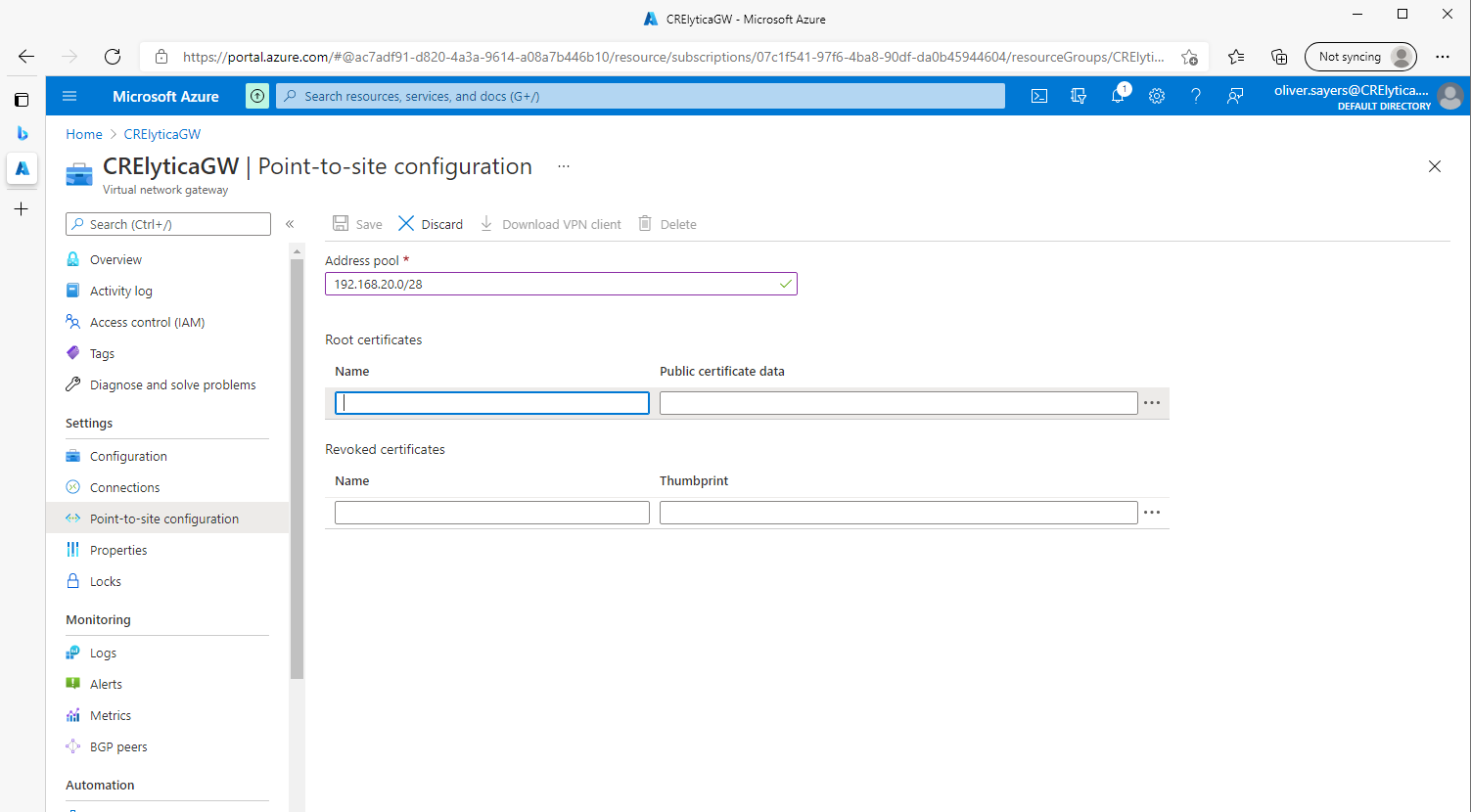 I cannot save the Point to site configuration - Microsoft Q&A