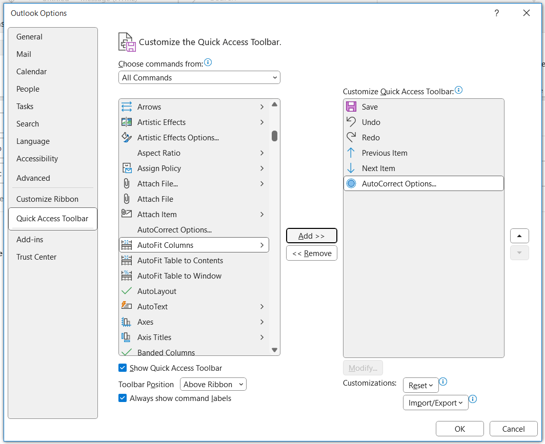 AutoCorrect no longer available to add to the Quick Access Toolbar ...