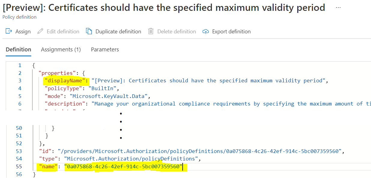 azure policy assignment name character limit
