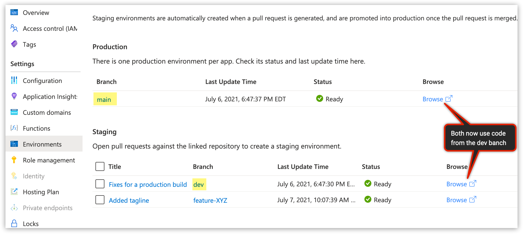 Screenshot showing the result on Azure environments
