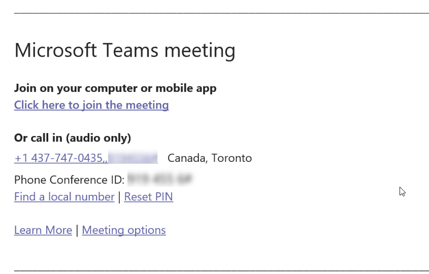 no dial in number for teams meeting