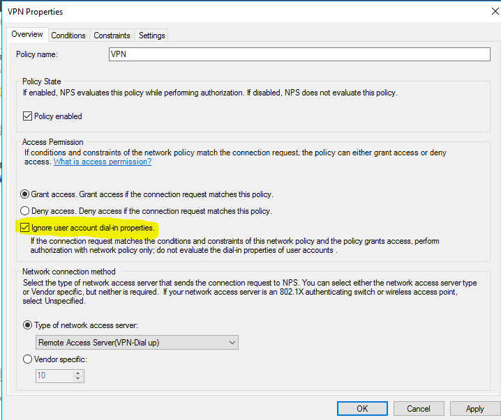 I created a NPS policy and a AD DL to allow those user to get connected