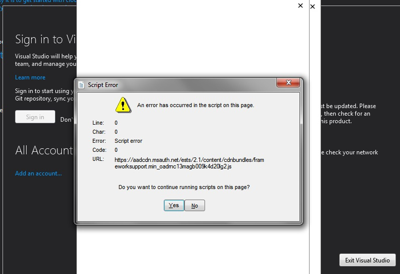 can't sign in visual studio community 2015 with java script error ...