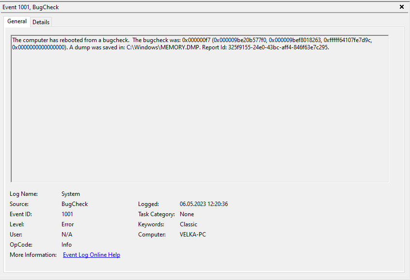 The computer has rebooted from a bugcheck. The bugcheck was: 0x000000f7 ...