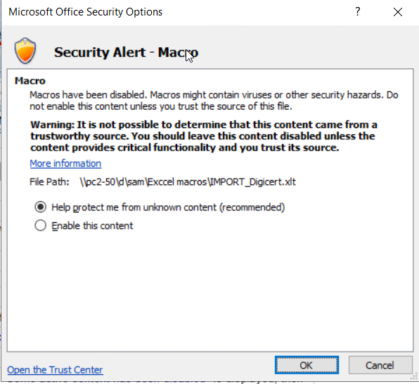 Different macro security alerts are displayed in different windows os