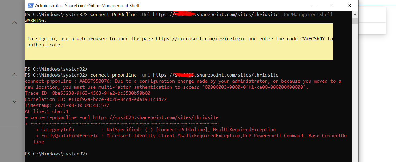 Error while connecting to site colleciton using PnpOnline - Microsoft Q&A