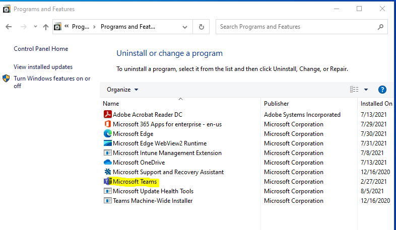 What is name of MS teams application in control panel , when we deploy ...