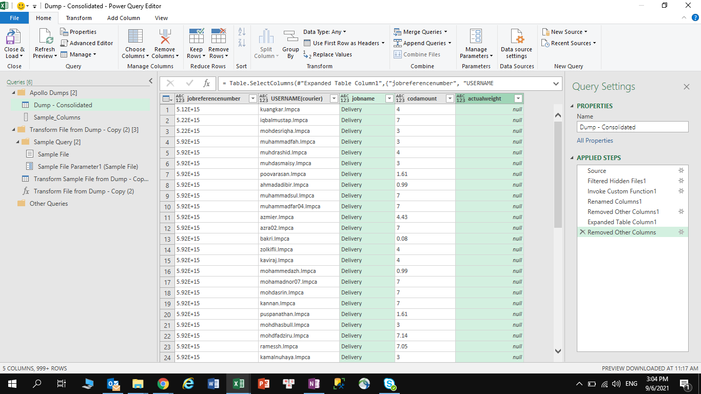 Combined PowerQuery return null value at one column after changing the ...