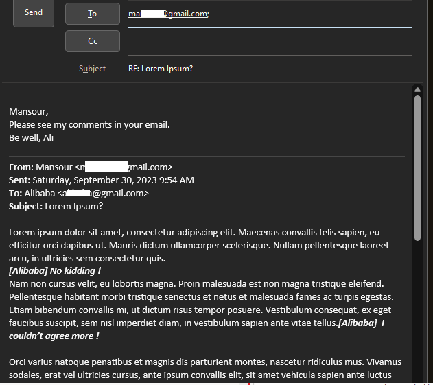 How to preface comments in the original text of an email in Outlook web ...