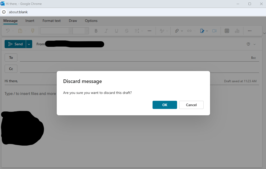 Outlook Web, New Message asks to be discarded if I press the U key ...
