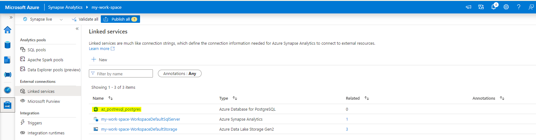 Linked Service to Azure Database for PostreSQL