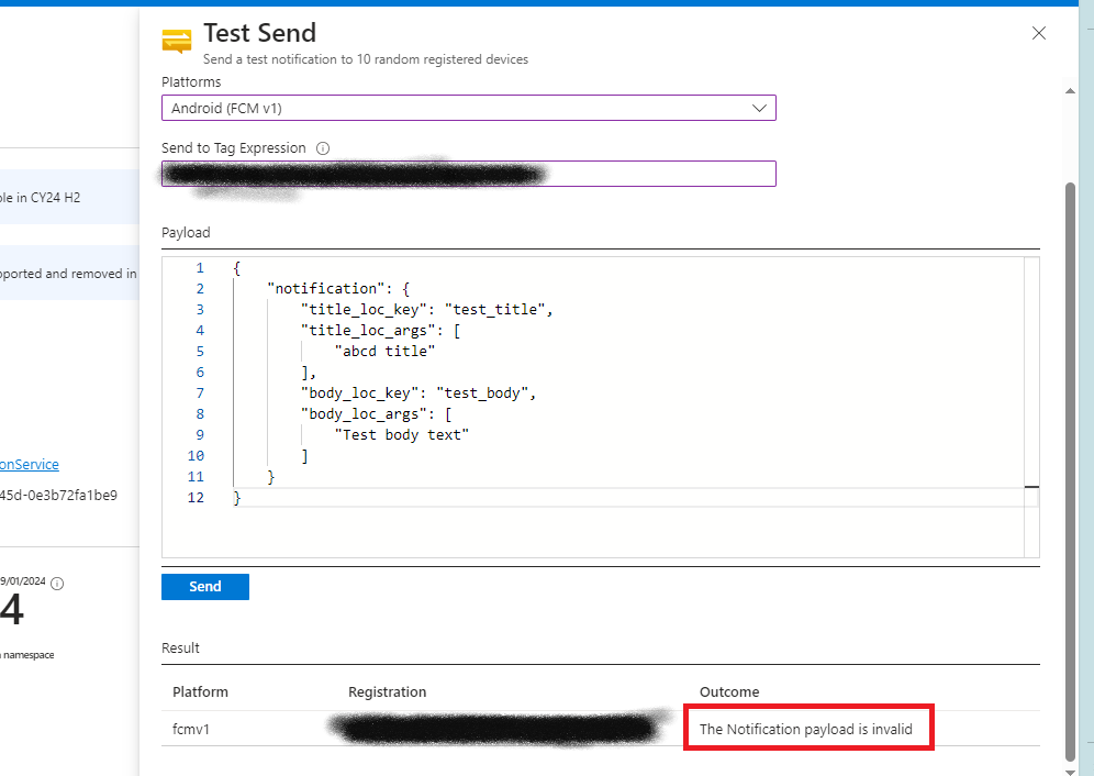 Not able to send push notification from Azure Notification Hub after ...