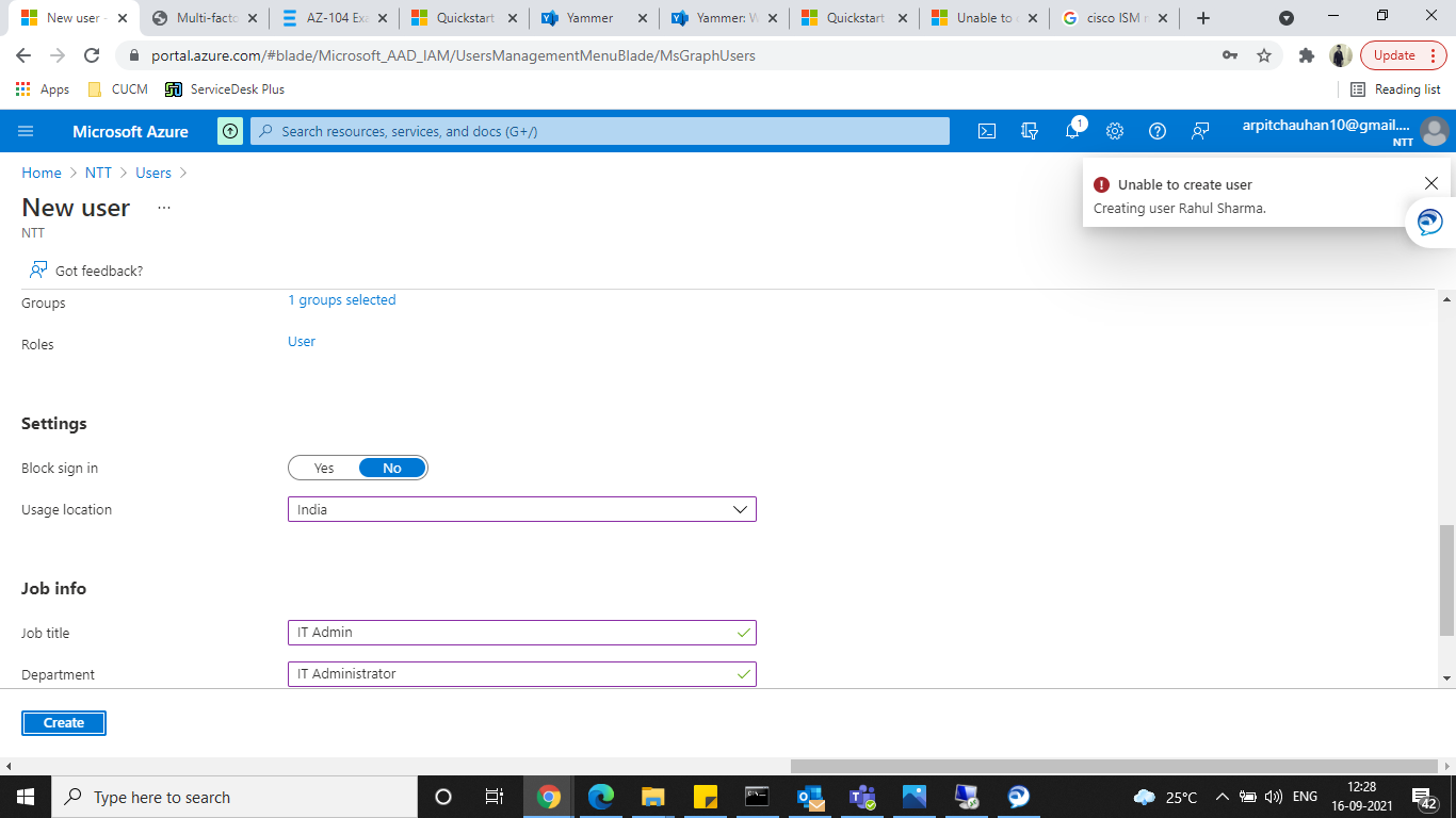 Unable to create multiple users in Azure directory - Microsoft Q&A