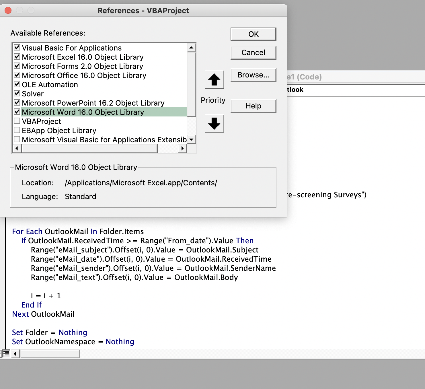 how to add microsoft outlook object library in excel