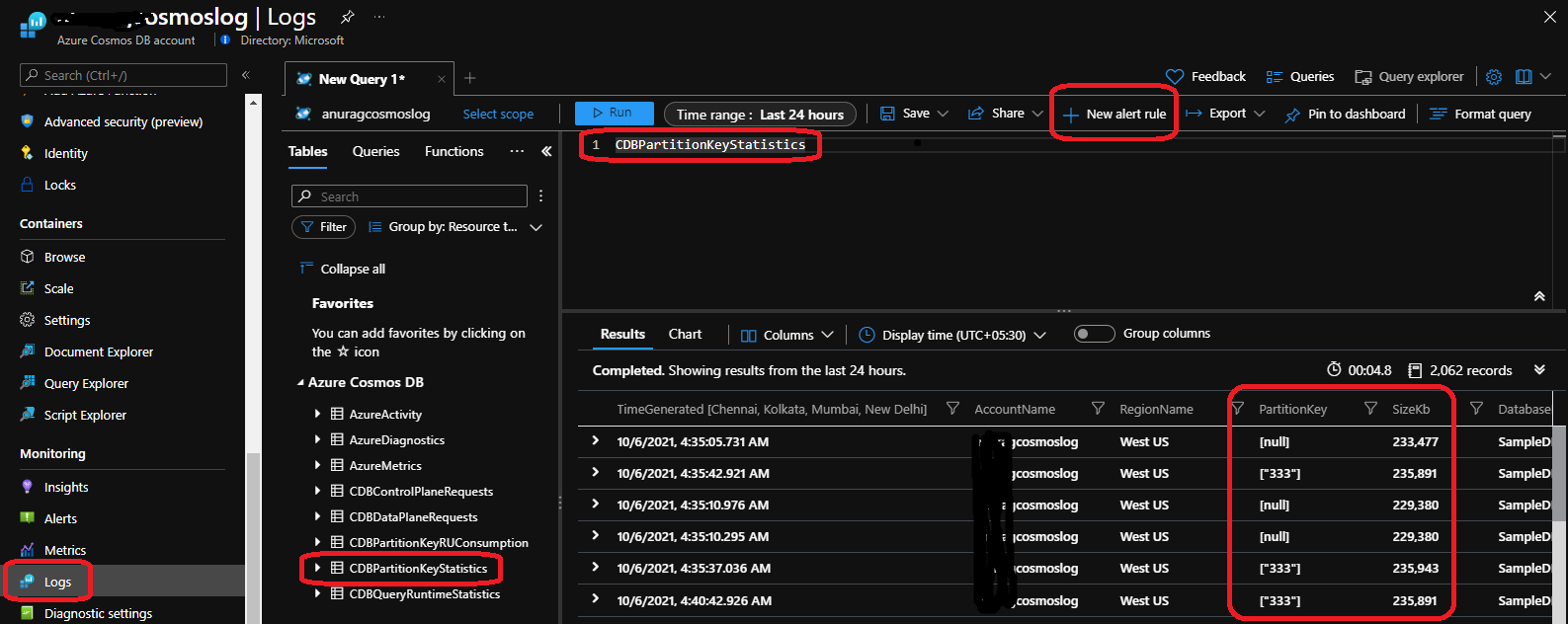 Need to set a azure monitoring alert on cosmos db's container level to