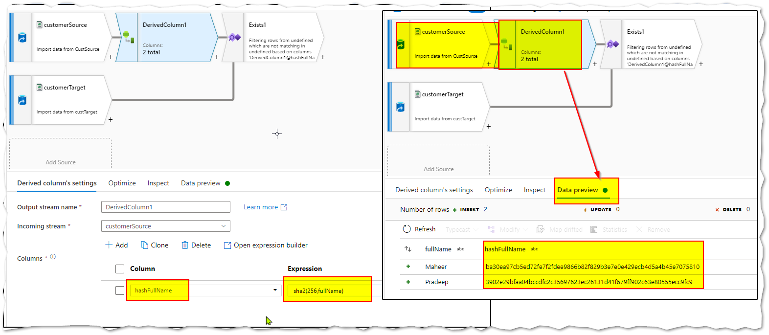 Data flow "Exists" transformation not working for encrypted values ...
