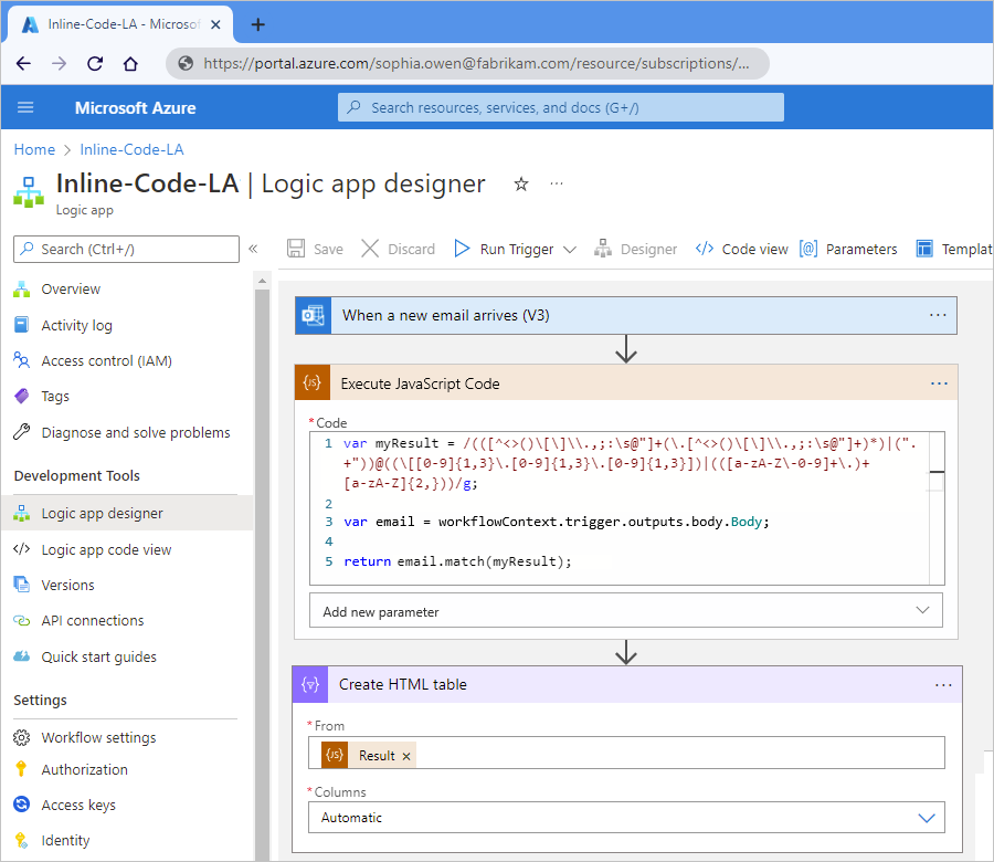 Screenshot showing an example Consumption logic app workflow with the Execute JavaScript Code action.