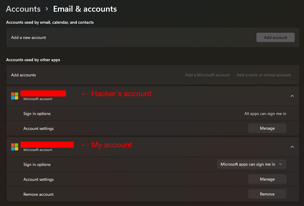Hacker's account is now the primary account under my user - Microsoft Q&A