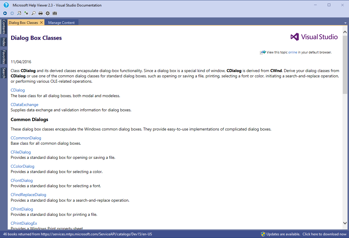 Use of Help Viewer in Visual Studio 2015 to select DialogBox