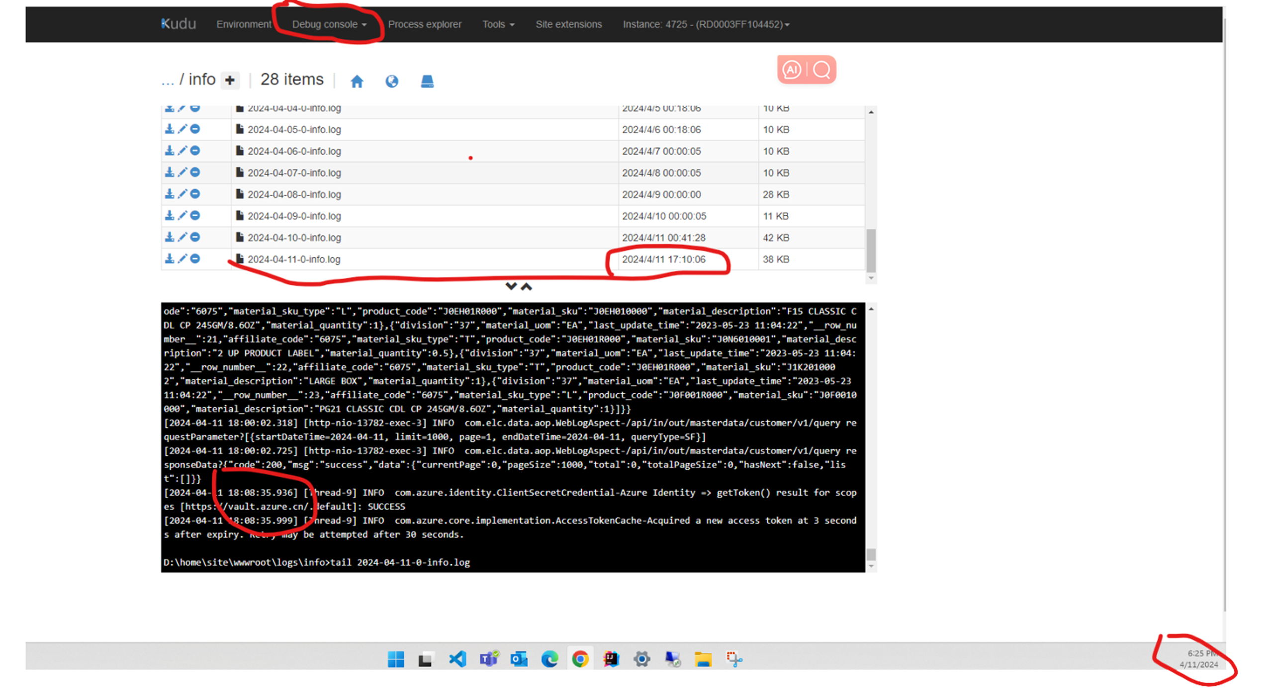 The log files used for downloading in the Debug console update slowly ...