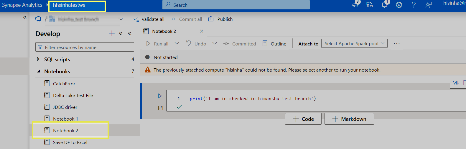 New Synapse Workspace not loading existing notebooks from Azure Dev Ops ...