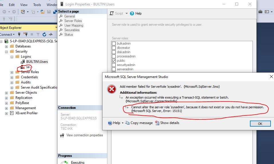 Unable to add admin server role in SQL express - Microsoft Q&A