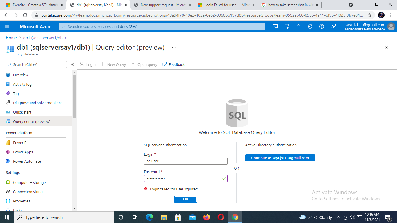 unable to sign in SQL Database Query Editor - Microsoft Q&A