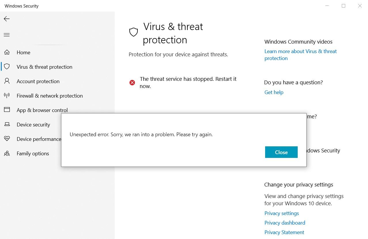 unexpected error sorry we ran into a problem windows defender ...