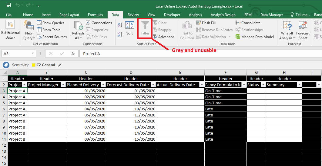 Excel Online problem with allowed autofilter - Microsoft Q&A