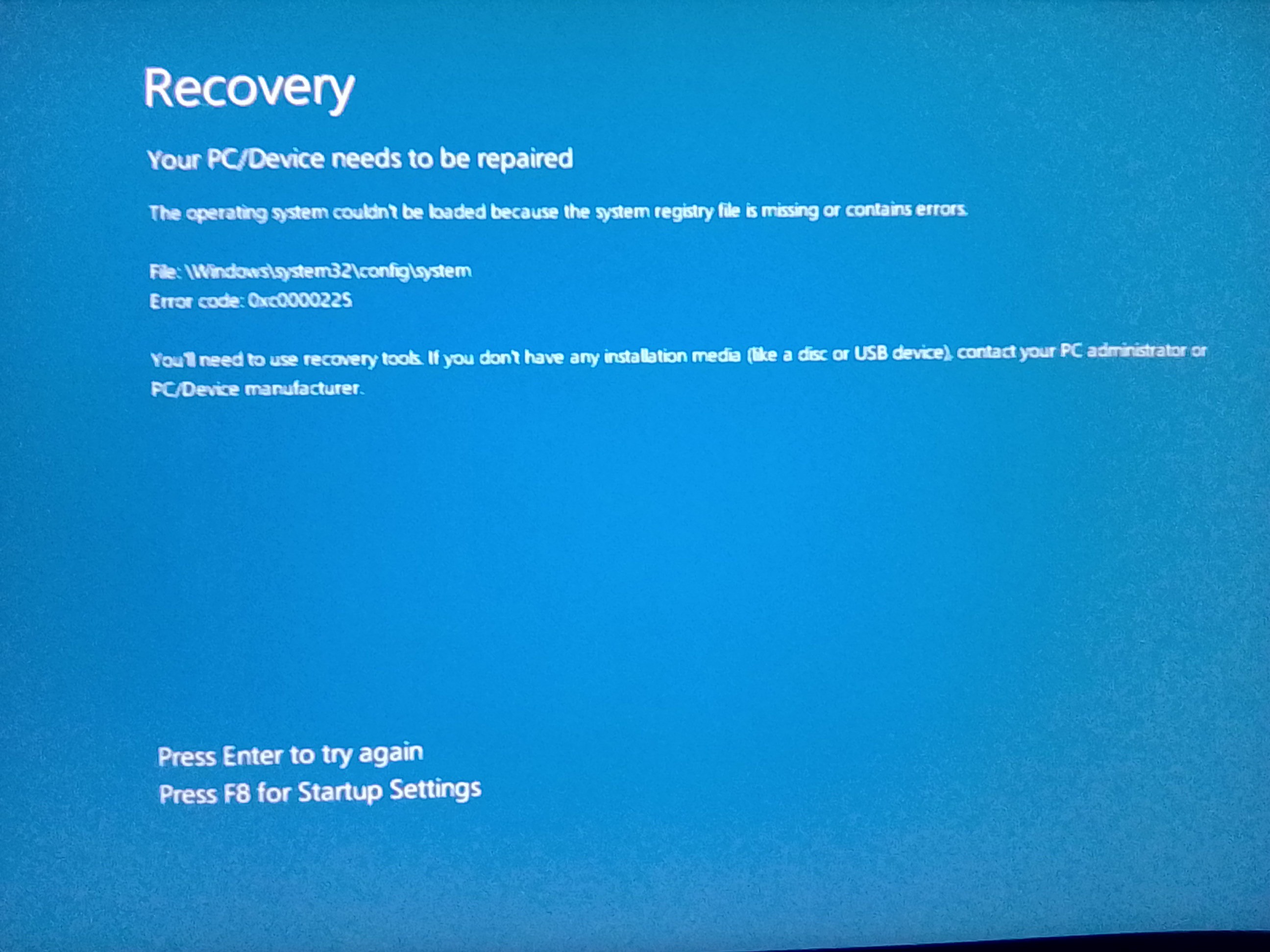 Error code 0xc0000225 along with, File:\Windows\System32\config