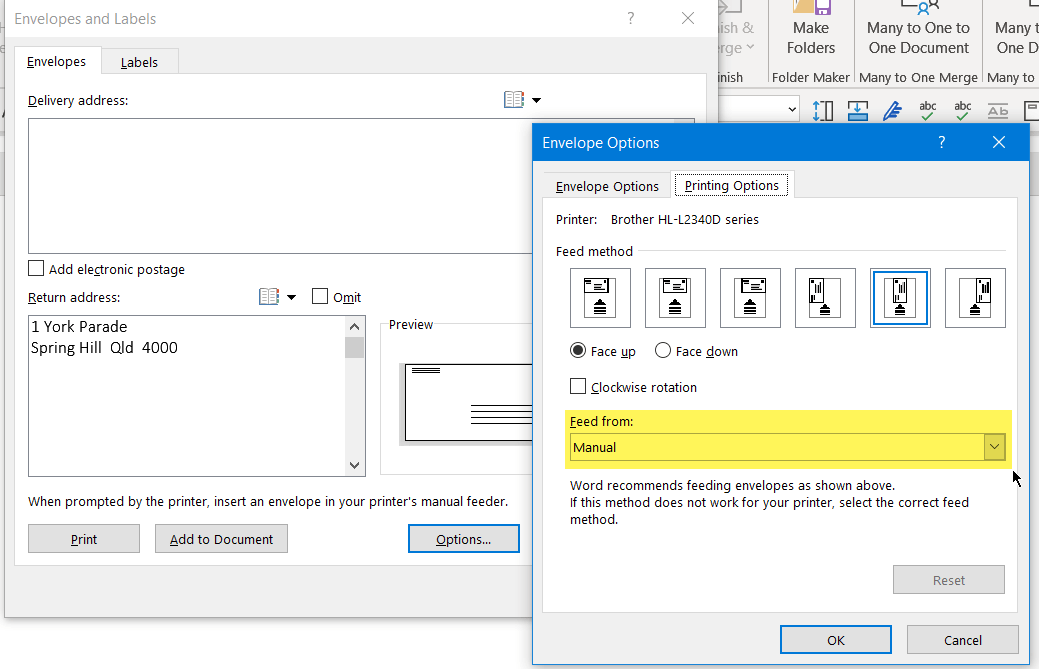 Why do I have to insert envelope twice before it will print in Word ...