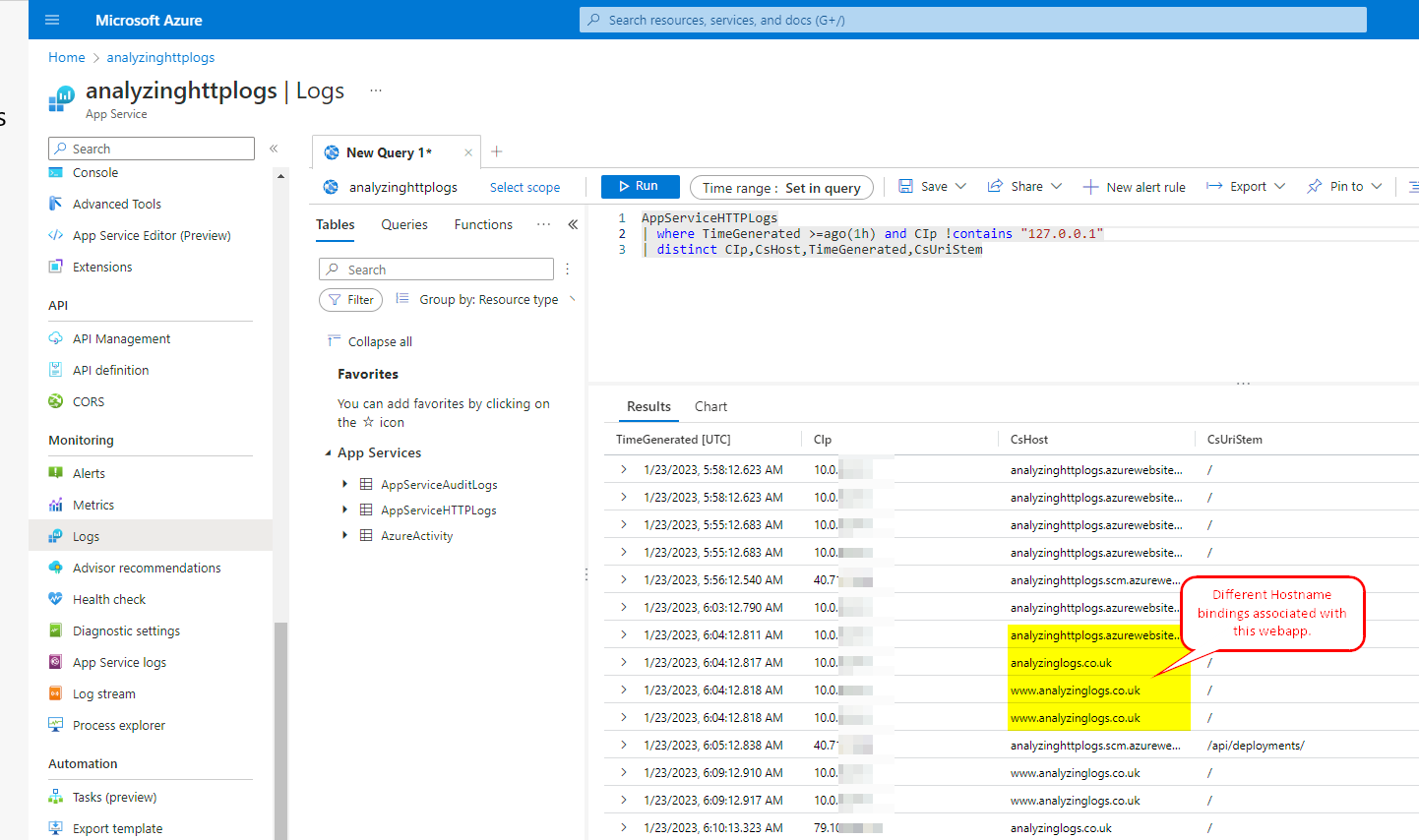 Wrong http hostname in app service diagnostic settings export ...