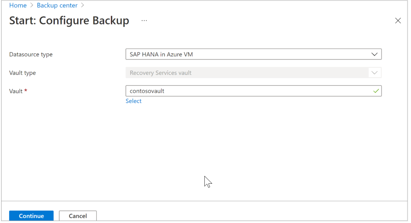 Screenshot showing to select an SAP HANA database in Azure VM.
