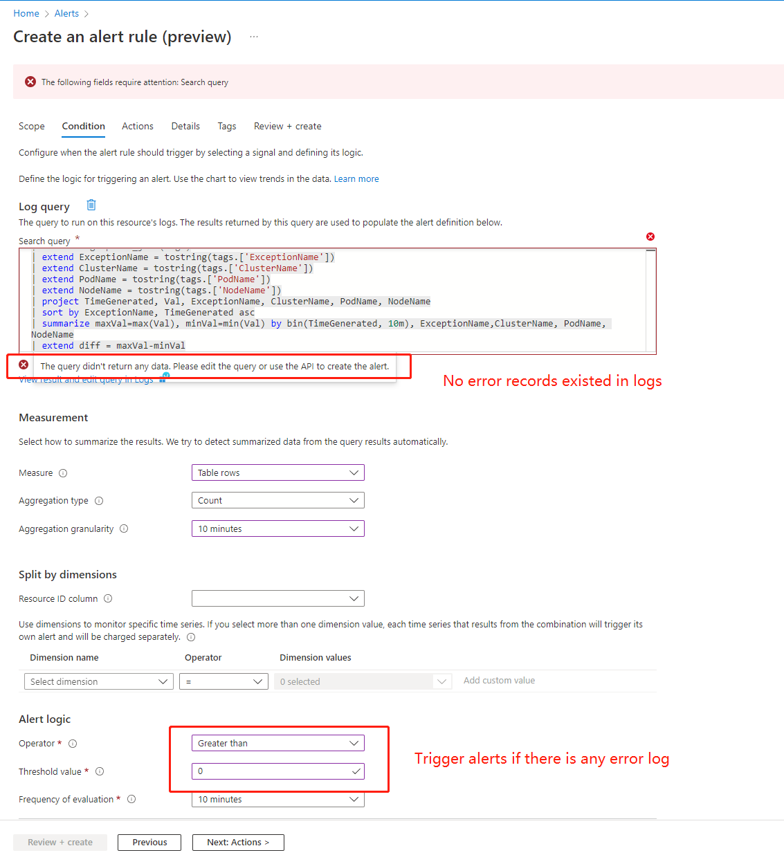 Config a alert rule with empty log record. - Microsoft Q&A