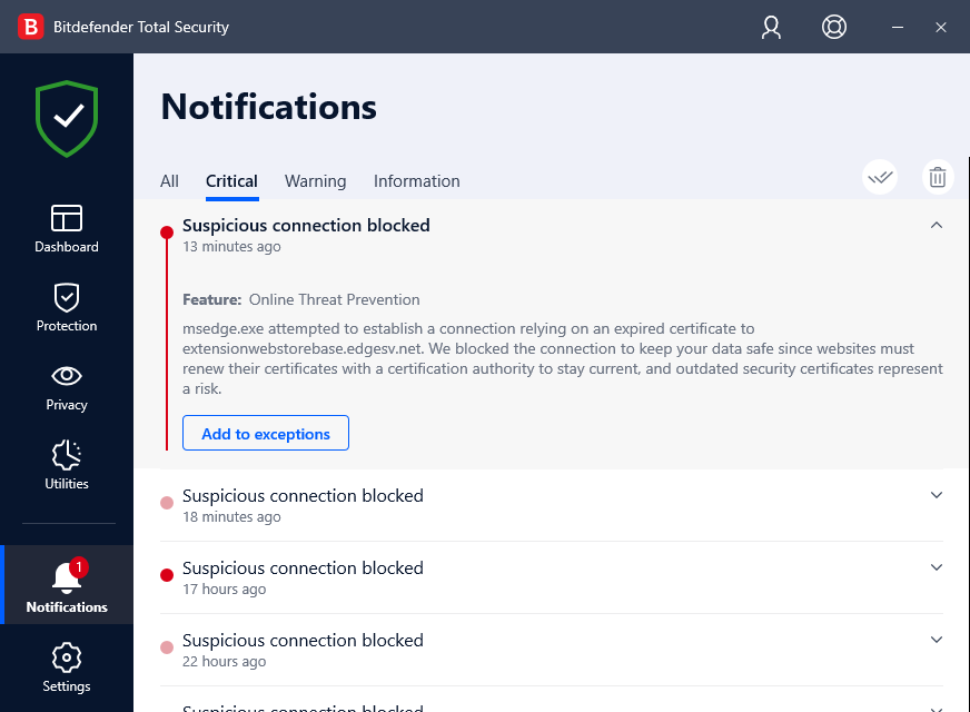 Microsoft Edge - Bitdefender Blocking Suspicious Connection On Load 